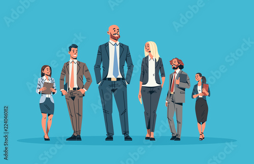 business people team leader leadership concept businessmen women blue background male female cartoon character full length horizontal flat vector illustration