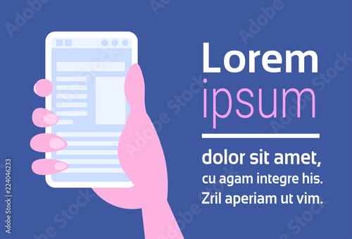 human hand holding smartphone mobile online application screen social media profile concept horizontal copy cpace flat vector illustration