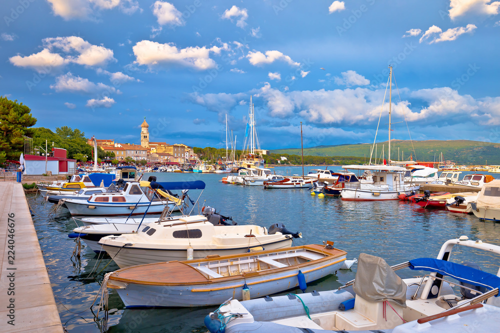 Town of Krk turquoise harbor and waterfront view Town of Krk turquoise harbor and waterfront view