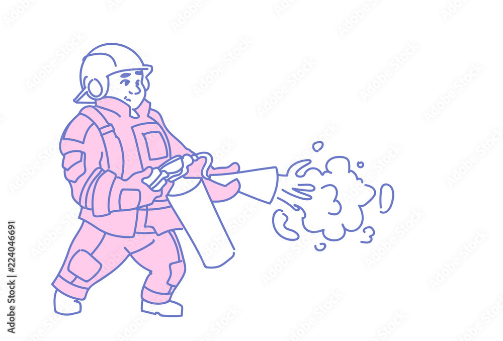 Fireman hold extinguisher wearing red uniform helmet Fireman hold extinguisher wearing red uniform helmet