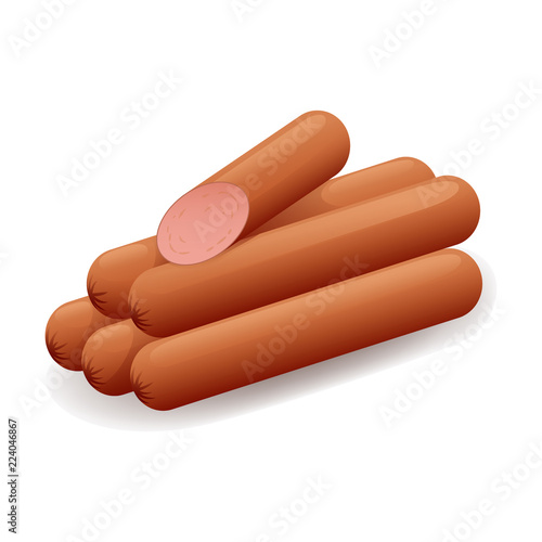 Pink sausages icon in flat style, beef and pork. Meat product. Isolated on white background. Vector illustration.
