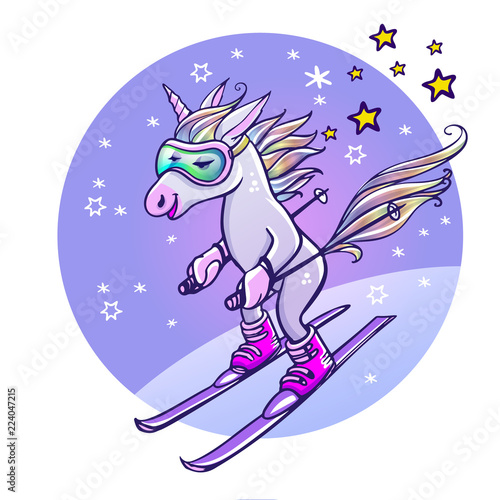 Unicorn skiing in winter