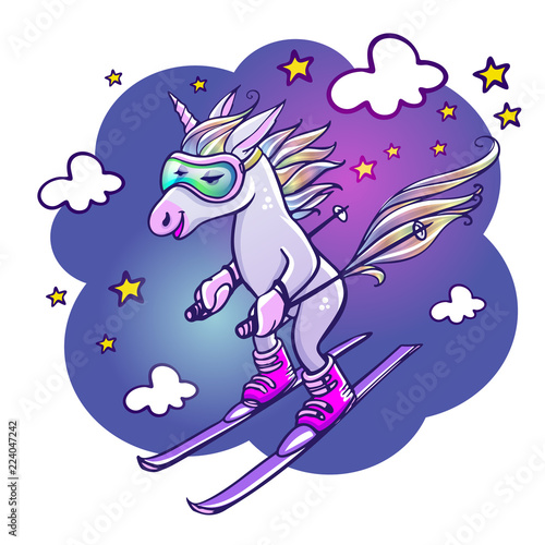 Unicorn skiing in winter