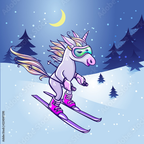 Unicorn skiing in winter