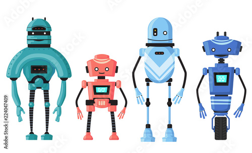 Cute detailed robot set vector isolated on white. Cartoon robotic character