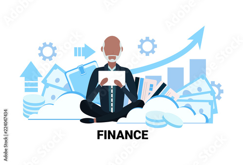 senior asian businessman financial trading consultant sitting lotus pose using tablet over arrow up graphs business man finance manager concept male cartoon character flat vector illustration