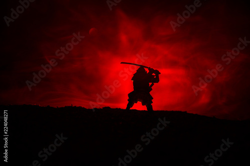 Fighter with a sword silhouette a sky ninja. Samurai on top of mountain with dark toned foggy background. © zef art