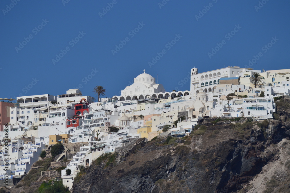 Wonderful Views Of The City Of Fira On Top Of A Mountain On The Island Of Santorini From High Seas. Architecture, Landscapes, Cruises, Travel. July 7, 2018. Pyrgos Island Santorini Greece.