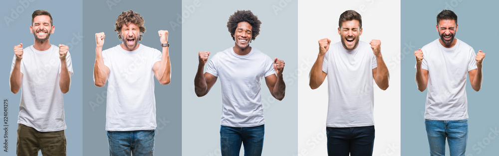 Collage of group of handsome hispanic, indian and arab men over vintage background excited for success with arms raised celebrating victory smiling. Winner concept. Collage of group of handsome hispanic, indian and arab men over vintage background excited for success with arms raised celebrating victory smiling. Winner concept.