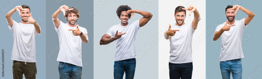 Collage of group of handsome hispanic, indian and arab men over vintage background smiling making frame with hands and fingers with happy face. Creativity and photography concept. Collage of group of handsome hispanic, indian and arab men over vintage background smiling making frame with hands and fingers with happy face. Creativity and photography concept.