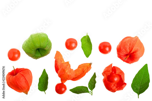 Fototapeta Naklejka Na Ścianę i Meble -  physalis with leaves isolated on white background with copy space for your text. Top view. Flat lay pattern