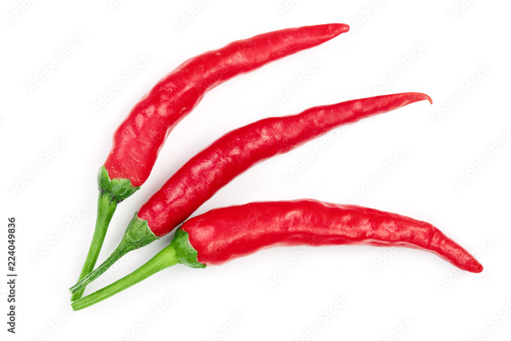 red hot chili peppers isolated on white background. Top view. Flat lay pattern