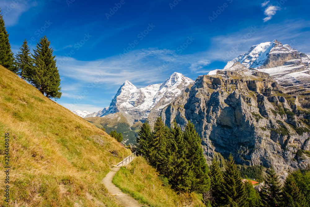 Spectacular mountain views between Murren and Allmendhubel (Berner Oberland, Switzerland). Murren is a traditional mountain village and is unreachable by public road.