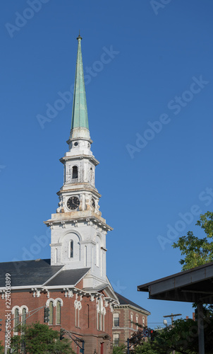 Steeple of the historic Union Street Brick Church in downtown Bangor, Maine