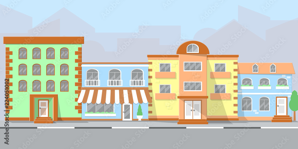 city street with the facades of houses and the roadway. flat style vector illustration. eps10
