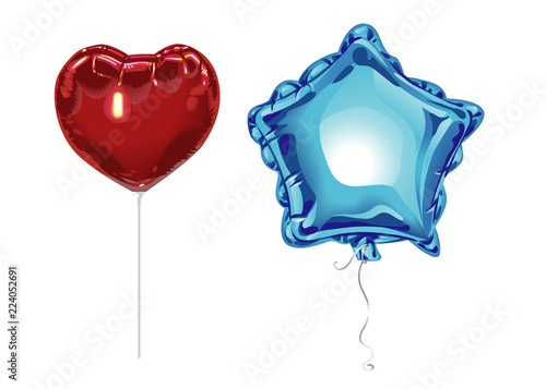 Two realistic 3D foil balloons with reflects isolated on white background. Festive decor element for any holiday. Vector illustration.