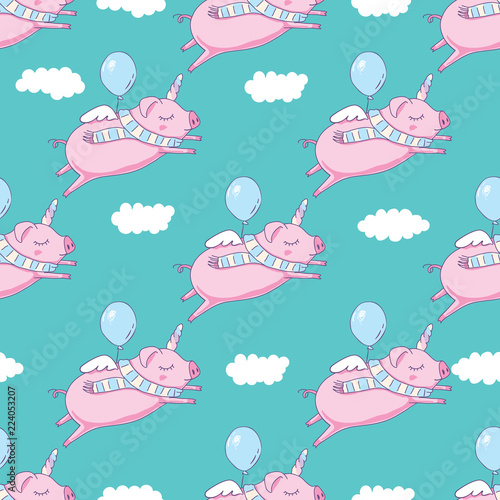 Seamless pattern background. Cute pig as pegasus and unicorn.