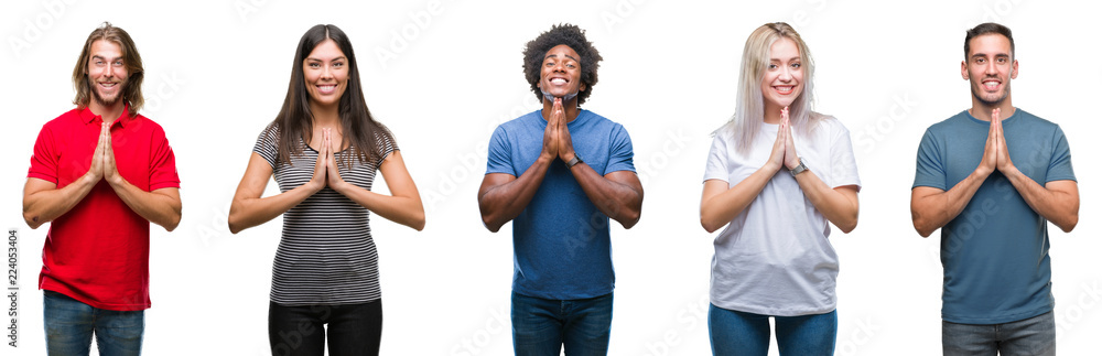 Composition of african american, hispanic and caucasian group of people over isolated white background praying with hands together asking for forgiveness smiling confident. Composition of african american, hispanic and caucasian group of people over isolated white background praying with hands together asking for forgiveness smiling confident.