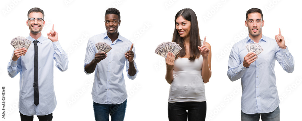 Obraz premium Collage of group team of workers holding bank notes dollars over isolated background surprised with an idea or question pointing finger with happy face, number one