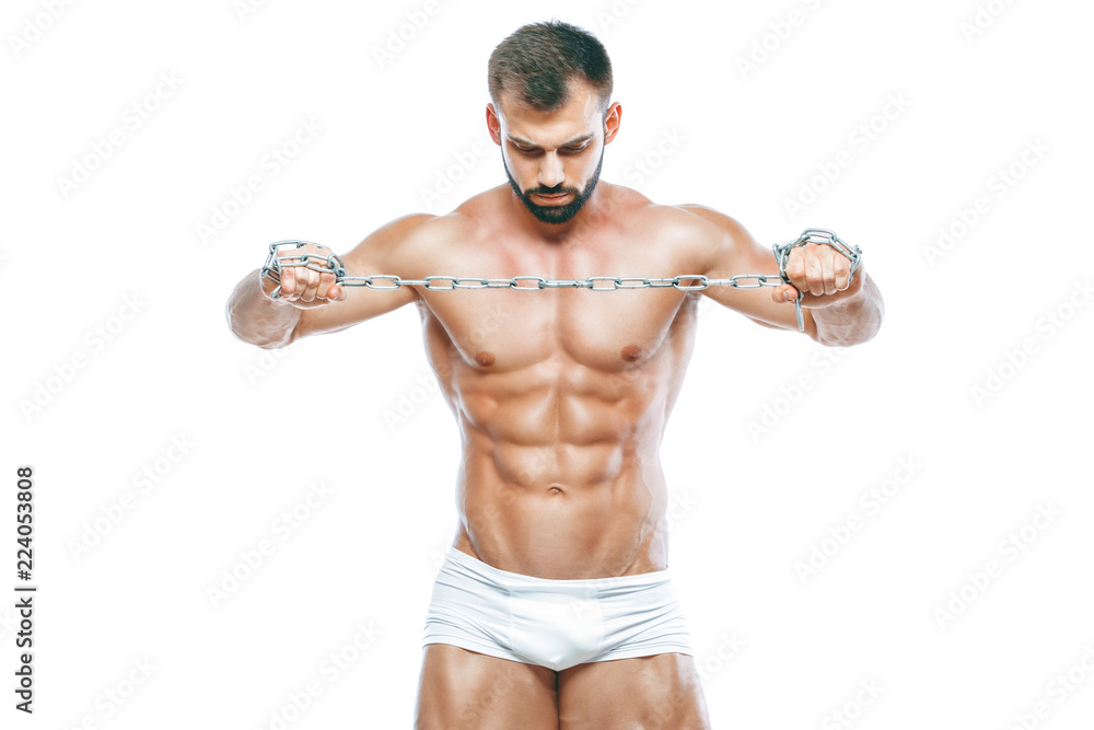 bodybuilder posing. Beautiful sporty guy male power. Fitness muscled manin white lingerie. on isolated white background. Posing with chain bodybuilder posing. Beautiful sporty guy male power. Fitness muscled manin white lingerie. on isolated white background. Posing with chain