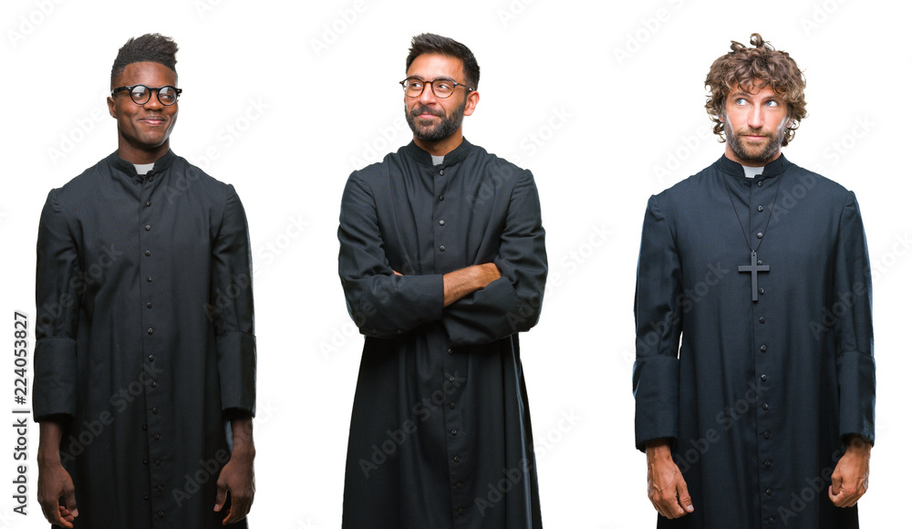 Collage of christian priest men over isolated background smiling looking side and staring away thinking.