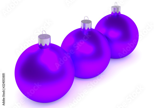 3D illustration. Three purple Christmas balls on a white