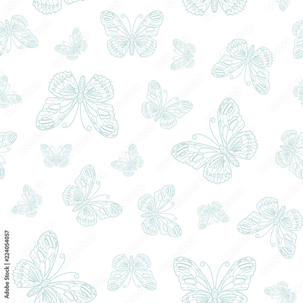 Vector seamless pattern of blue butterfly outline on white ...