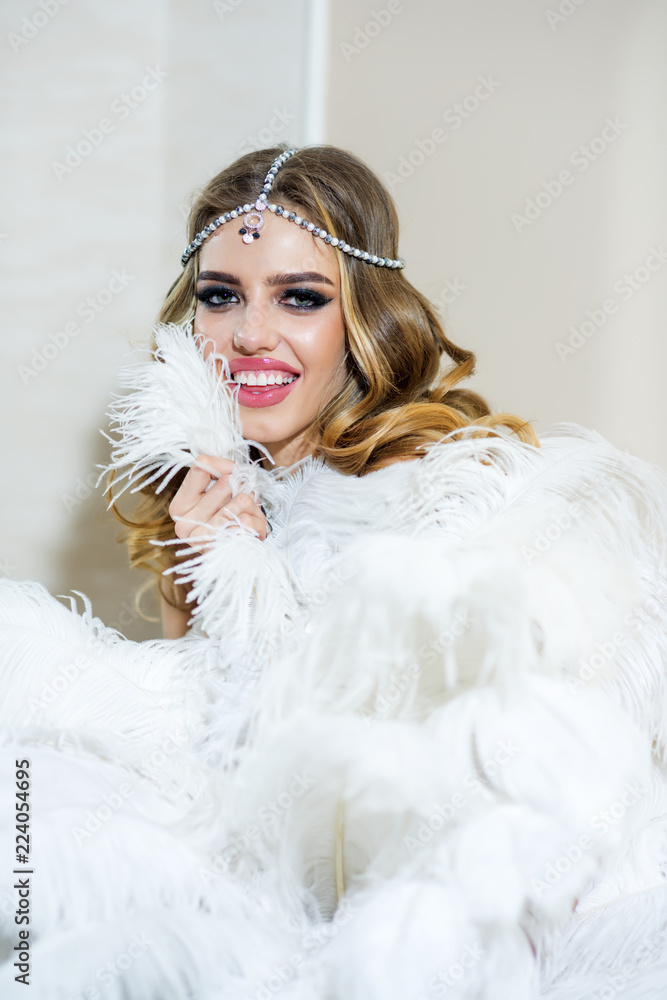 Fashion model smile with fashionable look. Woman with retro fashion style. A classic that loved by all Fashion model smile with fashionable look. Woman with retro fashion style. A classic that loved by all