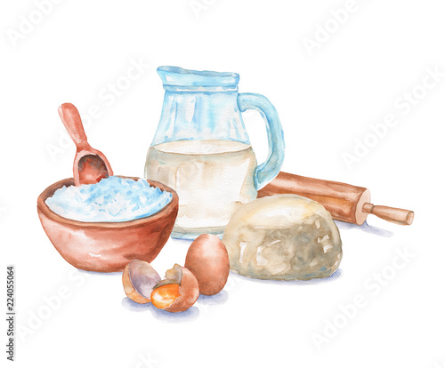 Watercolor still life with ingredients for dough making. Flour, milk, eggs, rolling pin.