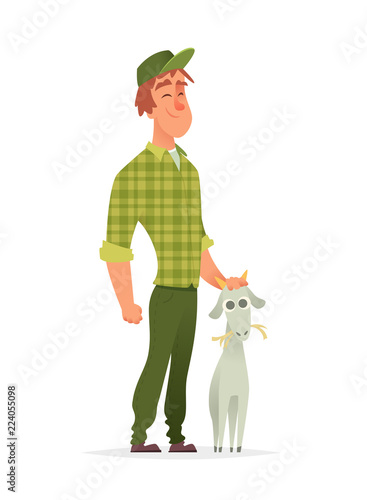 Young farmer standing and stroking the goat's head. Character modern design