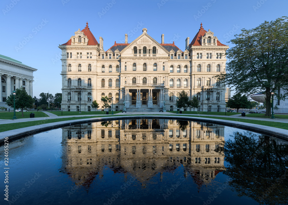 New York State Capitol and reflection from West Capitol Park in Albany, New York