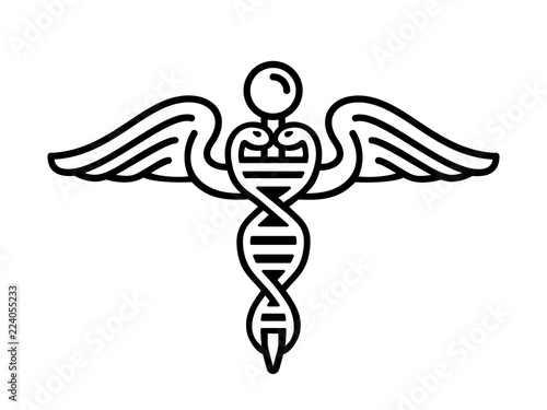 Modern emblem of genetic engineering as part of medicine With nucleic acid double helix and caduceus, snakes and wings Icon of DNA research