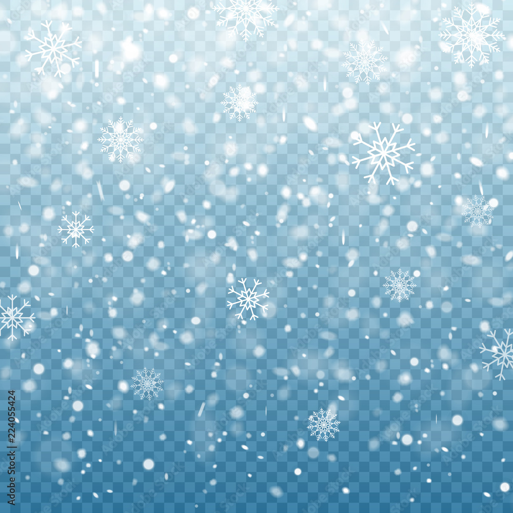 Christmas falling snow isolated on blue background. Snowflakes decoration effect. Magic snowfall texture. Winter design. Vector illustration