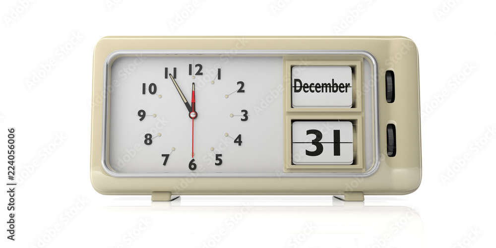 Retro alarm clock with date December 31st isolated on white background. 3d illustration Retro alarm clock with date December 31st isolated on white background. 3d illustration