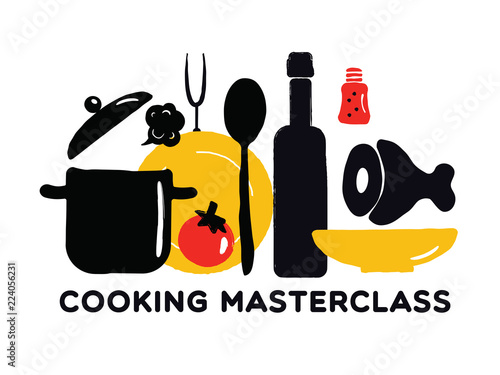 Cooking masterclass poster. Illustration of utensils and food.