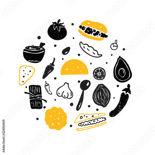 Mexican street food. Vector circle illustration with hand drawn elements.