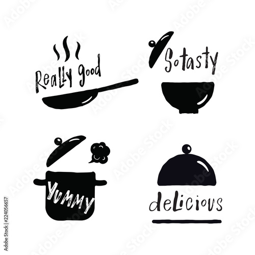 Set of hand lettering phrases about tasty food. Delisious, really good,so tasty, yummy. Illustration of cooking utensils.