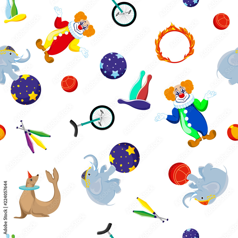 Seamless pattern with circus attributes: clown, elephant, seal, ball, Bicycle, bowling, burning Hoop. Vector
