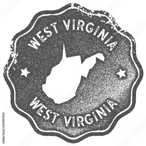 West Virginia map vintage stamp. Retro style handmade label, badge or element for travel souvenirs. Grey rubber stamp with US state map silhouette. Vector illustration.