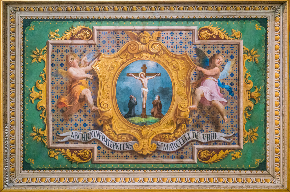Crucifixion of Jesus with cupids fresco in the Church of the Suore Missionarie di Gesù Eterno Sacerdote, in Rome, Italy.