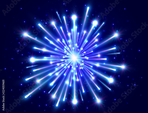 Bright firework. Color neon firework in the night sky. New Year background. Celebration design. Blue star burst. Vector illustration