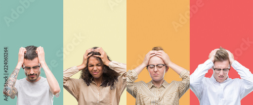 Collage of a group of people isolated over colorful background suffering from headache desperate and stressed because pain and migraine. Hands on head. photo