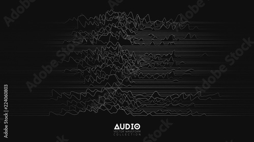 Vector 3d echo audio wavefrom spectrum. Abstract music waves oscillation graph. Futuristic sound wave visualization. Black and white dotted impulse pattern. Synthetic music technology sample.
