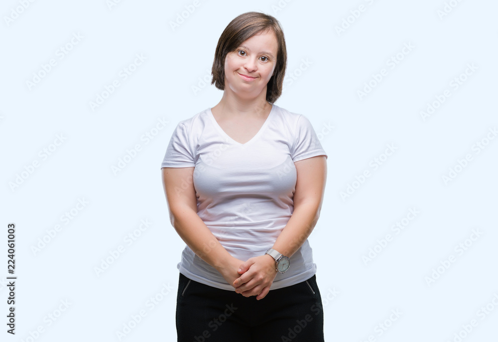 Young adult woman with down syndrome over isolated background with a happy and cool smile on face. Lucky person. Young adult woman with down syndrome over isolated background with a happy and cool smile on face. Lucky person.