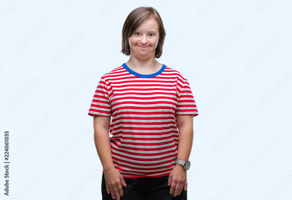 Obraz premium Young adult woman with down syndrome over isolated background with a happy and cool smile on face. Lucky person.