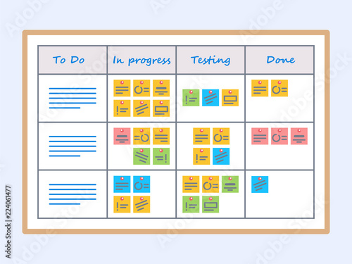 Scrum Task Board. Meeting white board with color stickers.