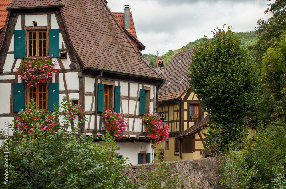 retail of traditional medieval architecture in the alsatian village of Kaysersberg near Colmar - France