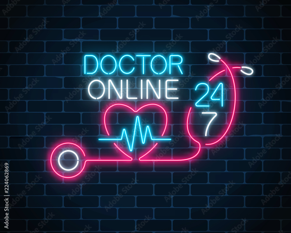 Doctor online glowing neon logo. Neon doctors mobile app sign with heart,  pulse line and stethoscope. Stock Vector | Adobe Stock