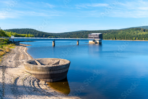 Mountain water reservoir Josefuv Dul  aka Josefodolska Dam  Jizera Mountains  Czech Republic. Sunny summer day.