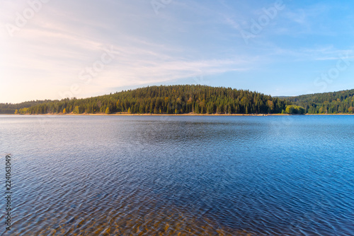 Mountain water reservoir Josefuv Dul  aka Josefodolska Dam  Jizera Mountains  Czech Republic. Sunny summer day.